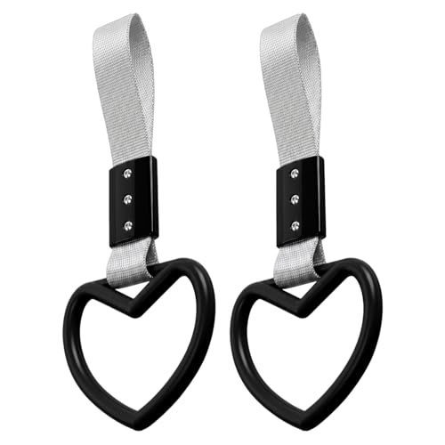 Image of 2PCS Heart Shaped Car Handle Straps, Rear Bumper Warning Keychain Ring for Car Exterior Accessories (Black-Silver)