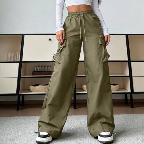 Women Y2K Cargo Pants Baggy Elastic High Waist Parachute Pants Plus Size Casual Going Out Hiking Straight Trousers Army Green - image 2