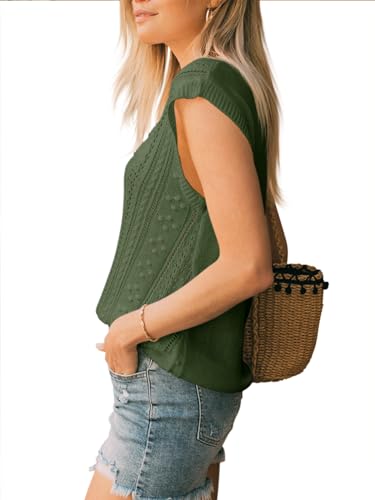 Image of Langwyqu Womens Cap Sleeve Tops Summer Crew Neck Shirt Lightweight Crochet Knit Sweater