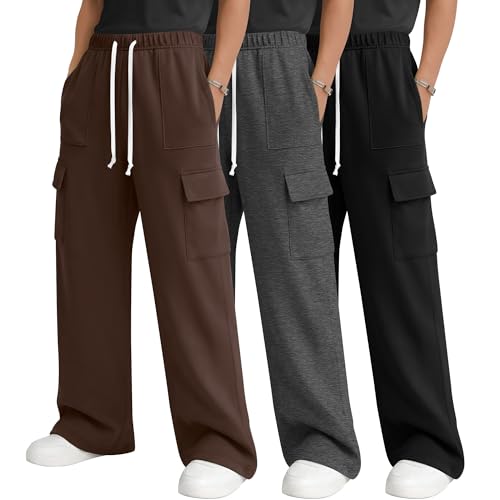 Oakgarden 3 Pack Boys Cargo Sweatpants Baggy Wide Leg Drawstring Pants Open Bottom Casual Workout Joggers 5-14Y(Dark Coffee, Dark Heather Gray, Black,11-12 Years)