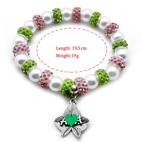Pink Green Sorority Society Jewelry Ivy Leaves Letter Metal Pendant Pearl Elastic Bracelet4