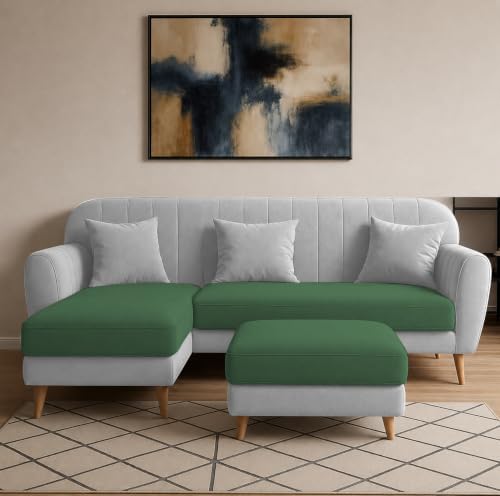 Image of Atticus LHS 4 Seater L Shape Sofa Set with Ottoman for Living Room (Green Grey Fabric) Premium Fabric Sofa Set