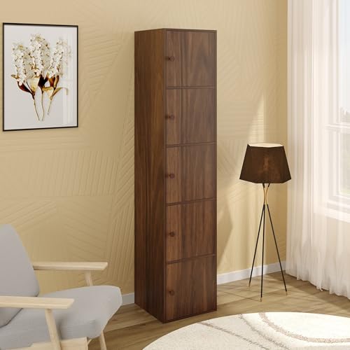 Image of BLUEWUD Calcio 5-Tier Storage Unit Filing Cabinet Rack Organizer Wardrobe Almirah Cupboard for Clothes with Closed Shelves for Bedroom Kitchen Living Room Home, DIY(Brown Maple) (37 x 36 x 169)