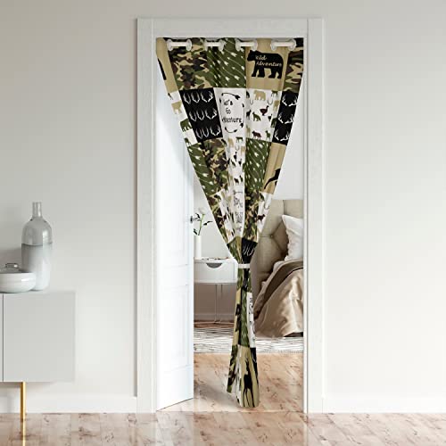 Loussiesd Deer Decorative Door Curtain for Doorway Privacy Bear Camouflage Window Treatments Set for Bedroom Deer Hunting Arrow Green Grid Plaid 30%-50% Room Darkening Blackout Curtain 132x203cm - Image 2