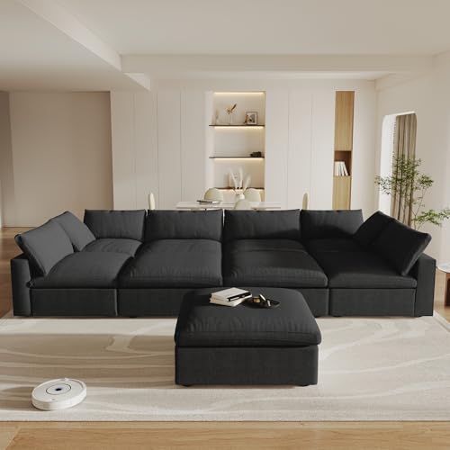 Image of Cloud Couch Modular Sectional Sofa,196inch U-Shaped Sectional Sofa with Storage Ottomans,Oversized Down Filled Convertible 9 Seater Linen Living Room Sets, Covers Washable&Replaceable,Black