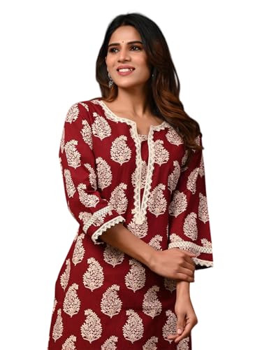 Image of Rimeline Women's Cotton Printed Kurta with Lace Yoke Detail | Elegant Straight Fit Ethnic Wear for Office, Casual & Daily Styling