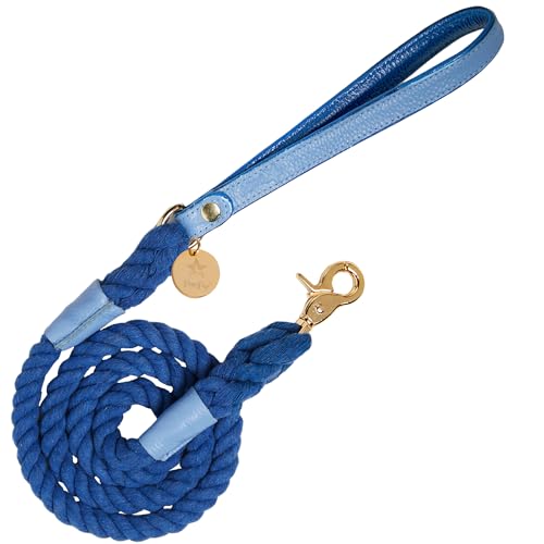 5ft-Braided-Cotton-Rope-Dog-Leash-with-Soft-Padded-Genuine-Leather-Handle-for-Small-Medium-and-Large-Dogs-Handmade-Comfort-Cute-Leash-for-Girl-and-Boy-Puppies-Blue