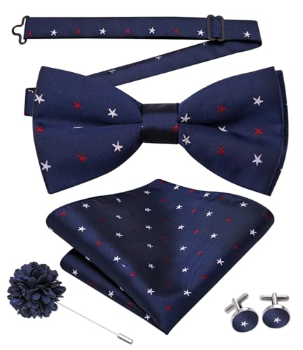 Image of Hi-Tie Blue Bow Ties for Men Flag Pre-Tied Pocket Square Lapel Pin Cufflinks Mens Bowtie Sets for Wedding Formal Party