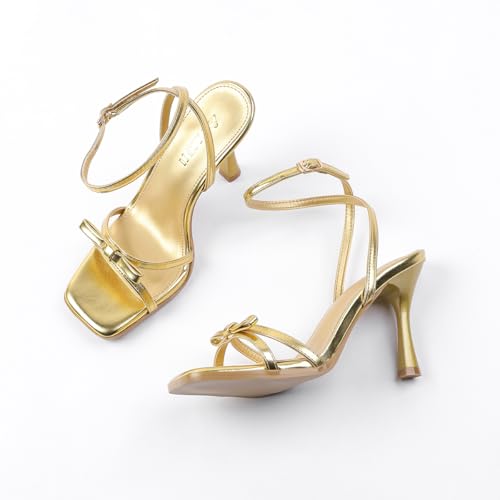 Amoji Women's 4 Inch Bow Heels Ankle Strap for Wedding Party Dress Shoes 3303