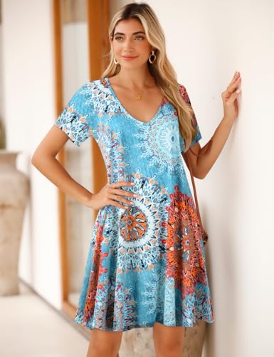 Image of JollieLovin Women T Shirt Plus Size Summer Swing Dresses Short Sleeve V Neck Loose Casual Dress(L-5X)