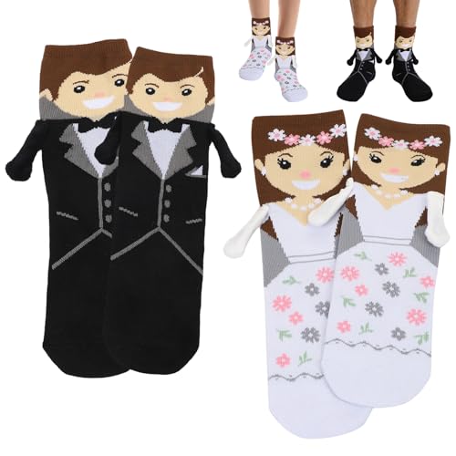 Xueniu 2 Pairs Magnetic Wedding Couple Socks Wedding Gift Crew Funny Cotton Holding Hands Socks for Bride and Groom Novelty Engagement Presents for Newlyweds Lovers and Couple