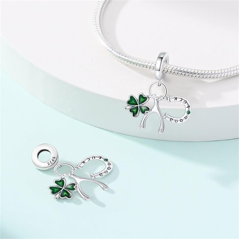 CYCUFF 925 Sterling Silver Charms Suitable for Bracelets Charms Beads, Charm Necklaces Jewellery Gift for Women Family Friends (Green Good Luck Horseshoe 3-Piece Charm Set) - Image 2