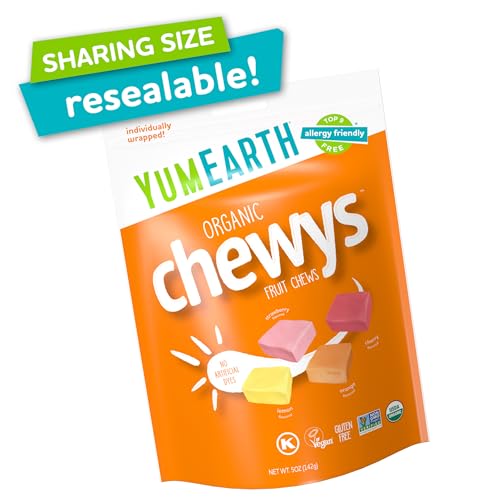 Image of YumEarth Organic Fruit Chews - Fruit Flavored Candy Chews, No Dye, Allergy Friendly, Gluten Free, Non-GMO, Vegan Candy with No Artificial Dyes, 5 Ounce