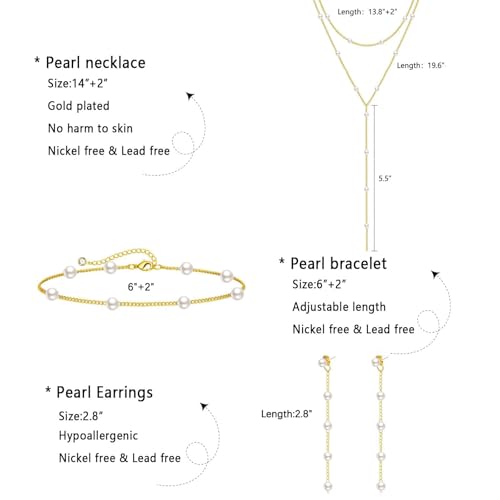 Image of Zeffy Gold Pearl Necklace for Women, Dainty 14K Gold /Silve Plated Layered Pearl Choker Pearl Earrings Pearl Bracelets Wedding Trendy Gold Jewelry Set for Women Gifts