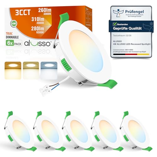 ALUSSO LED Einbaustrahler 230V 68mm Dimmbar, 4W LED Spot Ultra Flach 310LM, IP44 Bad Einbauleuchten, Warmweiß 3000K Neutralweiß 4000K Kaltweiß 6500K Deckenspots für Badezimmer Wohnzimmer, 6er Set