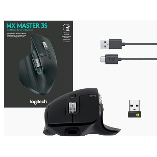 Image of Logitech MX Master 3S - Wireless Performance Mouse with Ultra-Fast Scrolling, Ergo, 8K DPI, Track on Glass, Quiet Clicks, USB-C, Bluetooth, Windows, Linux, Chrome (Black)
