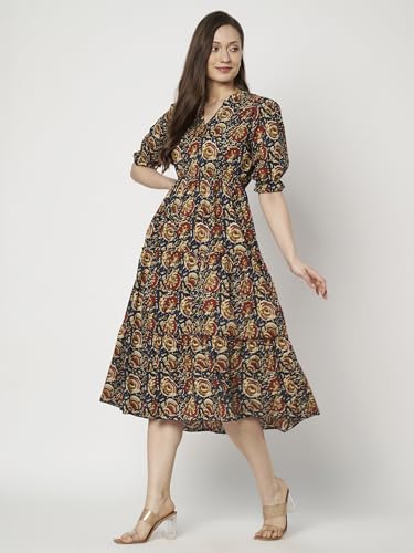 Image of Women's Floral Summer Maxi Dress I Cotton Printed I One Piece Bodycon Midi Dress with V-Neck, Puffed Sleeves