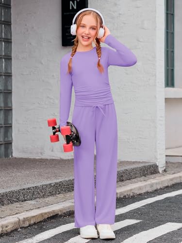 Haloumoning Girls 2 Piece Outfits Kids Ruched Long Sleeve Tops and Wide Leg Pants with Pockets Sweatsuit Clothing Sets4
