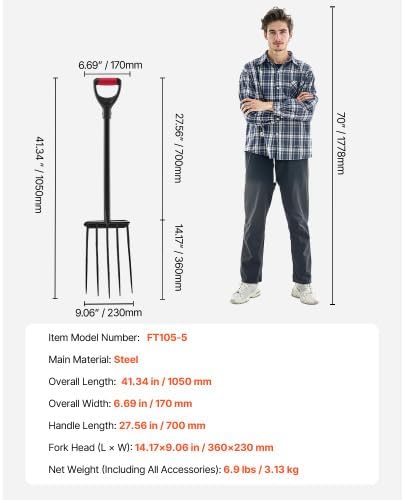 5 Tines Garden Fork Tool Metal Handle 41 in Spading Pitchfork Y Grip Heavy Duty