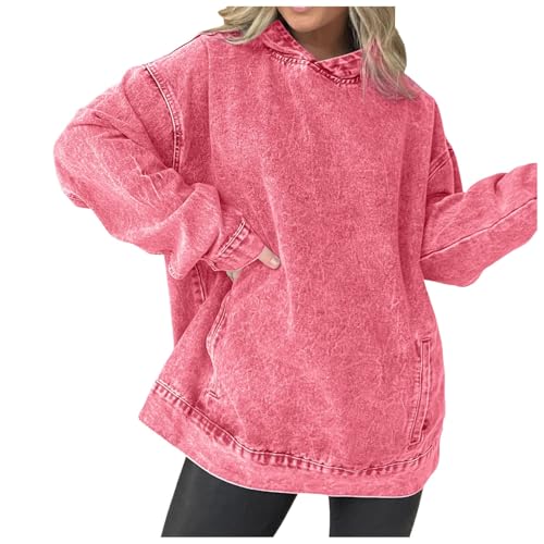 POIUIYQA Sudadera de Mujer Verano Mujer Sudadera Vaquera con Capucha con Bolsillos Frontales Nueva Sudadera Casual de Manga Larga Vaquero Sudadera con Capucha Holgada de Casual con Estampado Sudadera