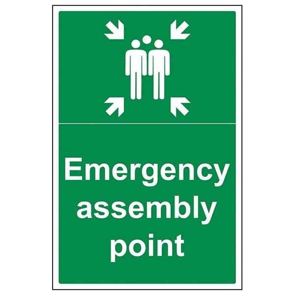 V Safety Fire Assembly Point - Emergency Assembly Point - 300 X 400MM Safety Sign With Snap Frame, Green/White, 300x400mm
