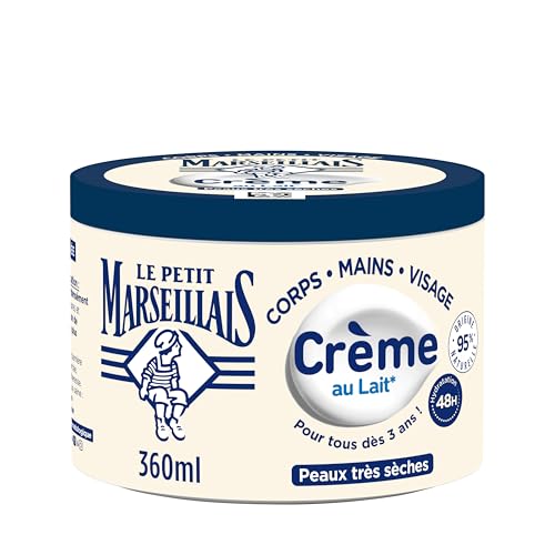 Le Petit Marseillais | Crema Hidratante Multiuso Leche (tarro de 360 ml) - Crema corporal, manos y cara para pieles muy secas - Cuidado hidratante 48h con 95% de ingredientes de origen natural