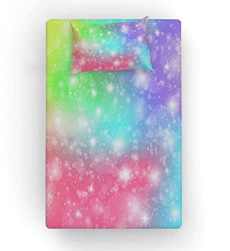 Yasida Rainbow Bed Sheets Twin, Twin Bed Sheets For Girls, Fitted Sheet Twin Size, Tie Dye Pastel Glitter Twin Sheets Sets For Kids, Girly Bedding Decor 2 Piece Colorful Sheet Set, Soft Microfiber #TOP2
