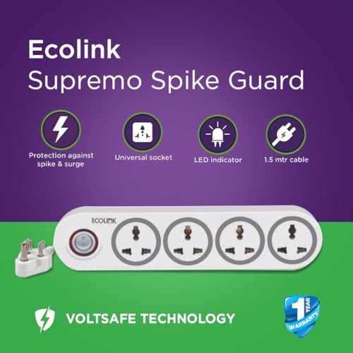 Image of EcoLink 4 Way Spike & Surge Guard 6A Grey | 4 Socket Protector | Durable Build | Heat-Resistant Body | Safe Power Distribution | Pack of 1