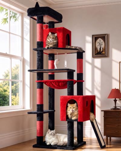Image of Globlazer Gothic Heavy Duty Cat Tree, 70in Tall Sturdy Goth Cat Tree for Indoor Cats Extra Large Cat Tower with Scratching Post, Cat Condos for Adult Cats Kittens, Hammock, Perch, F70 Pro, Red Black