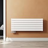 SUNXURY Radiador de panel de diseño, 465 x 1200 mm, horizontal, de una sola capa, calefacción con cromo, multibloque, conexión lateral, blanco, radiador de baño