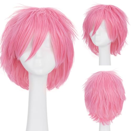 Image of S-noilite Unisex Short Dark Pink Wig Women Mens' Anime Cosplay Wig Straight Shaggy Spiky Pixie Wigs Heat Resistant Syntehtic Hair for Halloween Comic-cons Costume Party