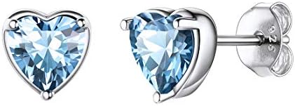 Heart Earrings Hypoallergenic 925 Sterling Silver Ocean Blue Crystal Aquamarine Topaz March Birthstone Gem Stone Stud Earrings for Women Sensitive Ears