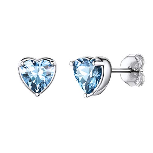 Heart Earrings Hypoallergenic 925 Sterling Silver Ocean Blue Crystal Aquamarine Topaz March Birthstone Gem Stone Stud Earrings for Women Sensitive Ears