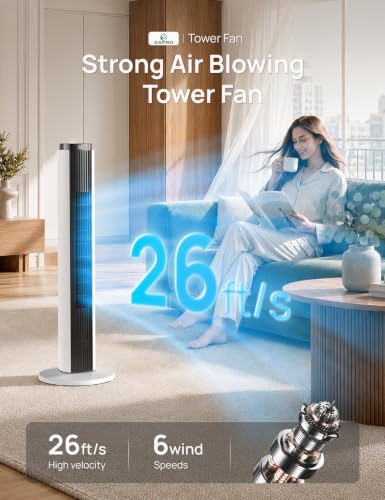 Image of ZAFRO Tower Fan for Bedroom, 37'' Bladeless Fans with 4 Modes 6 Speeds, 26 ft /s Velocity, 28dB Quiet for Sleep, LED Touchpad & 12H Timer, 90 Oscillating Floor Fans that Blow Air, Black+White