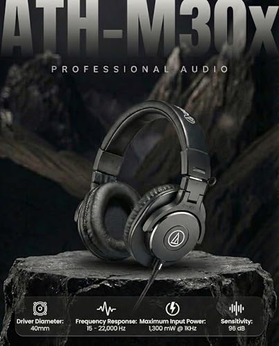 Image of Audio-Technica ATH-M30x Professional Monitor Headphones - Black Bundle with Case, Stand, Pouch, and Austin Bazaar Polishing Cloth