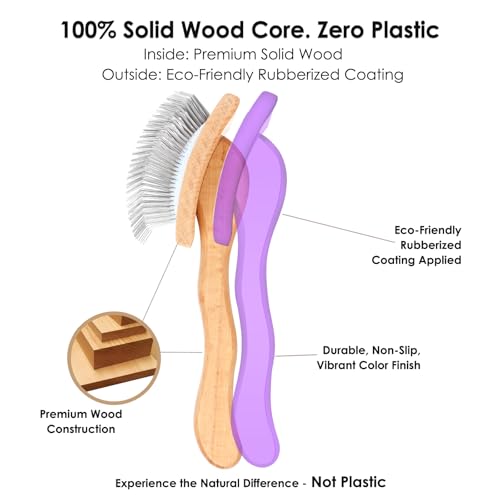 Image of Wooden Long Pin Slicker Brush for Dogs, Doodles, Poodles, Long Hair | Grooming, Detangling, and Fluffing for Wavy and Curly Hair-Designed for Heavy, Thick Coats to Prevent Matting at Home. Purple