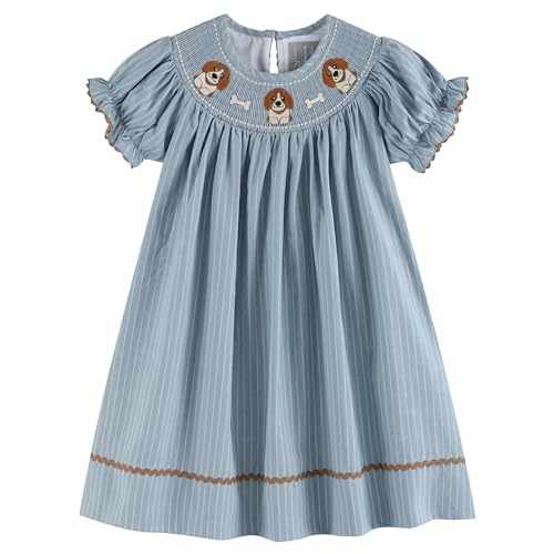 Light Blue Puppy Smocked Bishop Dress