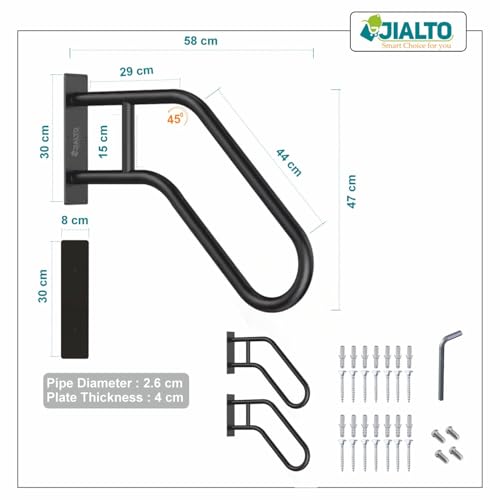 Image of JIALTO Wall Mounted Staircase Handrail Safety Grab Bar- Heavy Duty Metal Support Railing for Indoor Stairs, Bathroom & Entryway, Anti-Slip Wall Support Handle with Installation Kit (Black, Pack of 2)