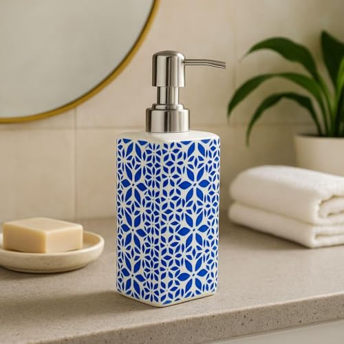 Image of Ceramic Soap Dispenser 330ml (Set of 1) | Blue & White Chess Pattern | Refillable Lotion, Hand Wash & Liquid Soap Pump | Multipurpose Bathroom & Kitchen Accessory