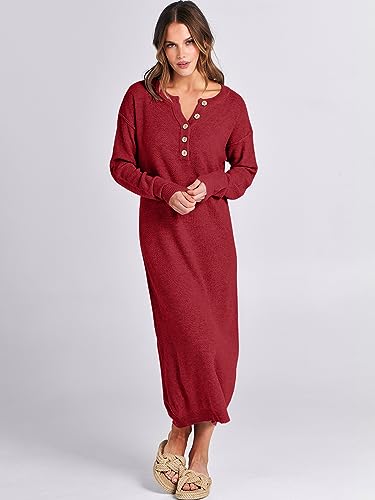 Image of ANRABESS Women Long Sleeve Button V Neck Oversized Casual Loose Fit Waffle Knit Fall Midi Sweater Dress 2026 Trendy Outfits