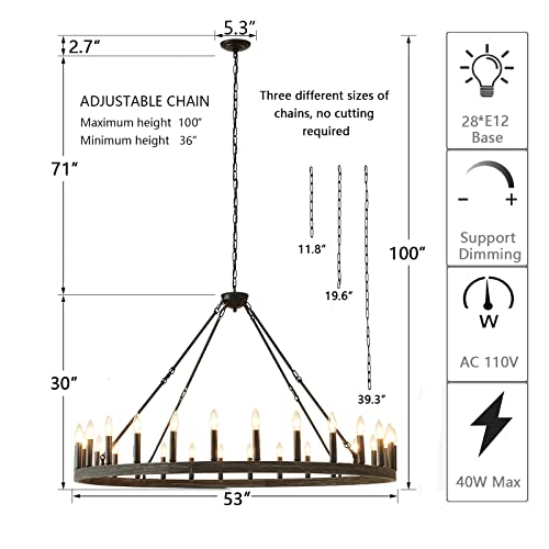 Jtyp Large Farmhouse Wagon Wheel Chandelier 53" 28-Light, Round Industrial Rustic Ceiling Pendant Lighting Fixture For Living Room, Dining Room, (Black + Wood Grain Finish 53") #TOP5
