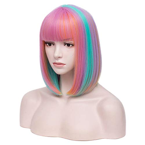 Iciwueen Colorful Short Bob Hair Unicorn Wigs 12" Straight with Flat Bangs Synthetic Colorful Cosplay Daily Party Wig for Women with Wig Cap