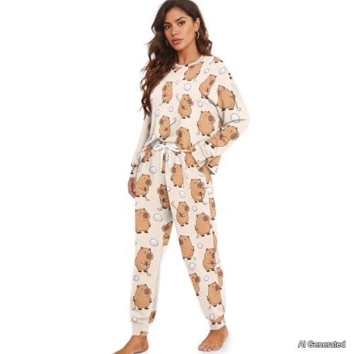 Image of Women's Pajamas Set Soft 2 Piece Loungewear Long Sleeve Pj Set Matching Sleepwear with Pockets for Women Plus Size