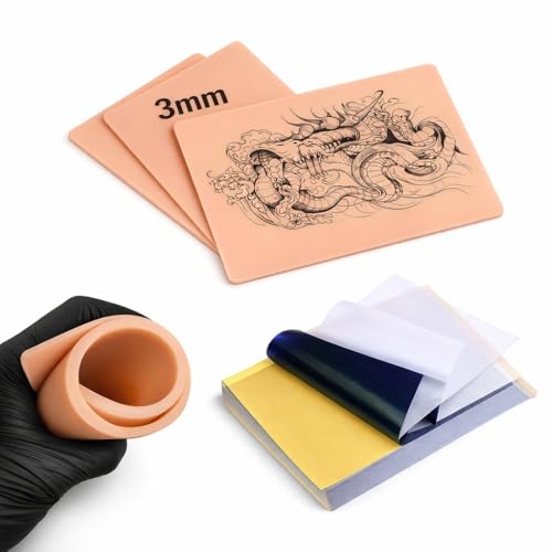 3 Stück Kunsthaut Tattoo Übungshaut, 3mm Tattoo Übungshaut 20 x 15 cm Realistische Tattoo Haut, Silikon Blank Tattoo Haut doppelte für Anfänger und Tätowierer