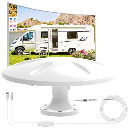 DGUPSP Antena TV Omnidireccional Exterior con Potente Amplificador 2025, Protección Anti-UV, Compatible con 4K 1080P DTMB DVB-T2 DVB-T TDT, Adecuado para Autocaravanas, Furgonetas Camper, Yates
