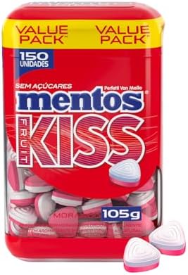 Pote de Mentos Kiss sabor morango com 150 unidades em destaque