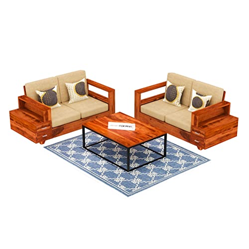 Image of Sheesham Wood 4 Seater Sofa Set with 2 Drawer Storage | 2+2 Wooden Sofa Set Furniture for Living Room Home Office (Honey)