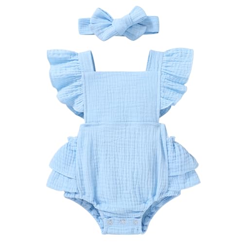 Image of YOUNGER TREE Toddler Baby Girl Ruffled Sleeveless Romper Casual Summer Jumpsuit Cotton Linen Clothes