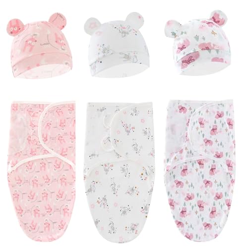 Image of Exemaba Baby Swaddle Sleep Sack with Hat Set for 0-3 months 3-Pack Soft Cotton Newborn Wearable Swaddle Wrap for Girls Boys