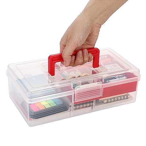 Image of BTSKY Clear Plastic Storage Box with Removable Tray Multipurpose Stationery Storage Box with Handle Handy Sewing Box Art Craft Supply Organizer Home Utility Box (Red)